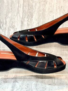 Donald J Pliner Black Leather Velvet Wedge Slip Ons Open Toe Sz 8.5M